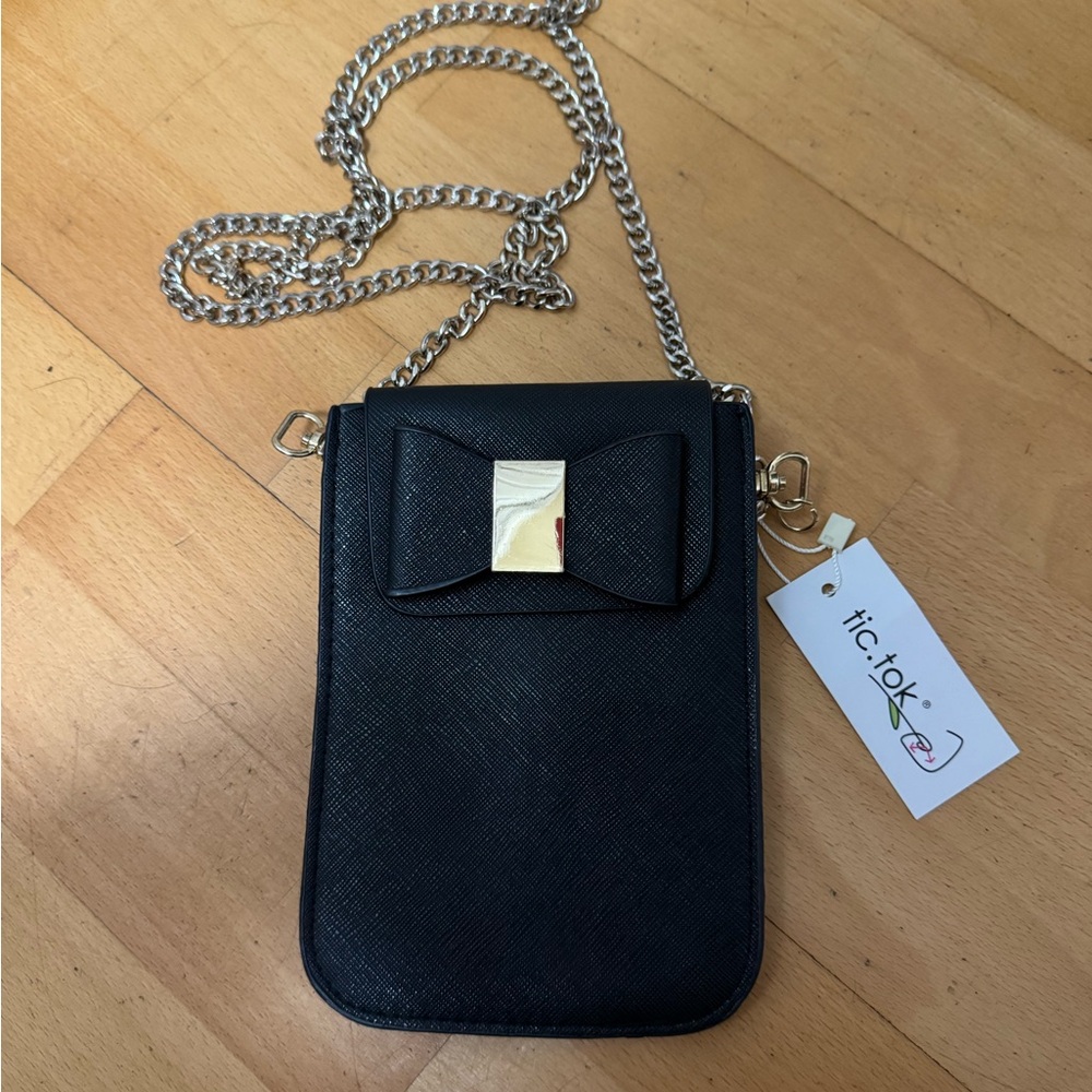 tic.tok Black Crossbody Phone Bag with Bow and Chain Strap
